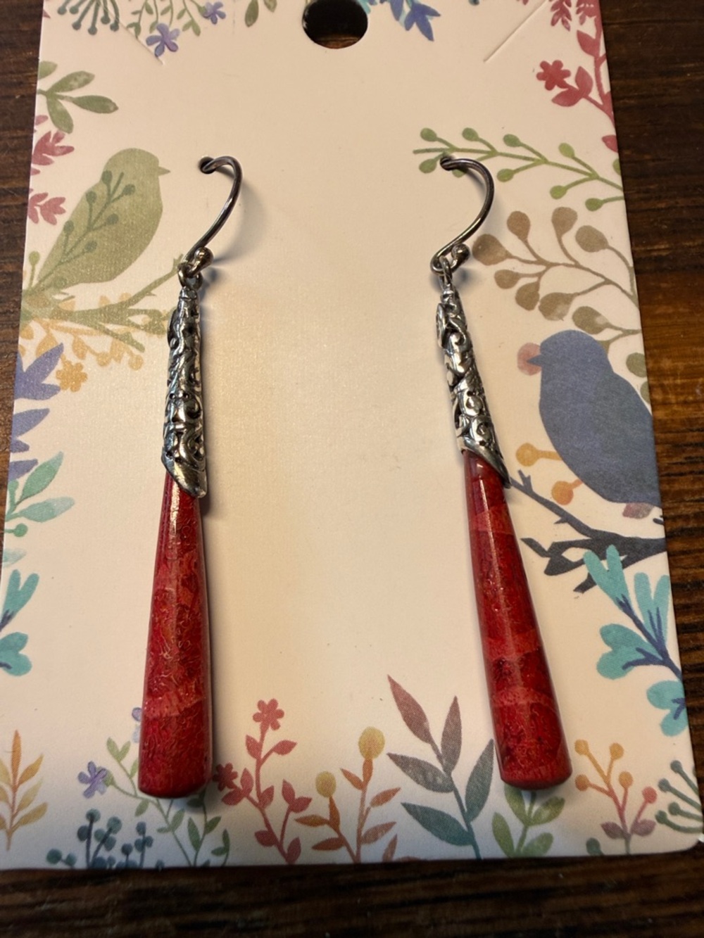 Red Teardrop Dangle Sponge Coral Sterling Silver Earrings